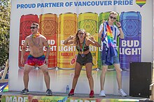 A Bud Light advertisement at an LGBT pride event Pride Parade 2019 (48458163557).jpg