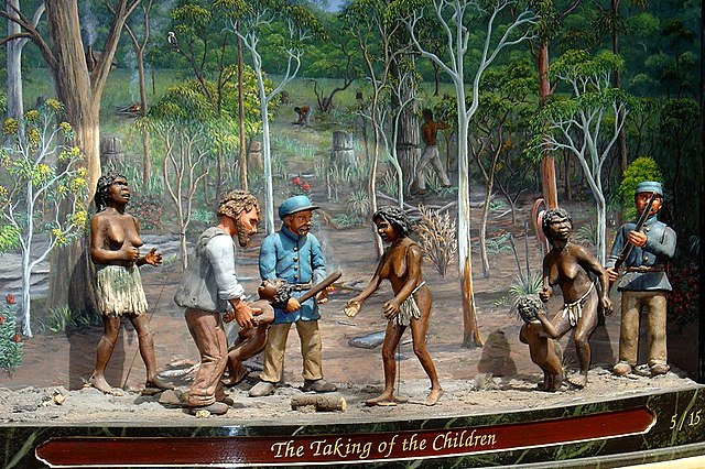 A portrayal entitled The Taking of the Children on the 1999 Great Australian Clock, Queen Victoria Building, Sydney, by artist Chris Cooke