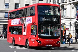 RATP Dev Transit London's VMH45345, a 2017 Volvo B5LH MCV EvoSeti, passes Marble Arch while working Route 13 to Victoria.