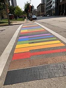 A view of the crosswalks looking east towards the lake. Rainbowxwalk.jpg