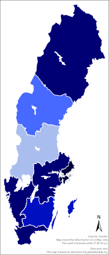 Map of the Swedish regions by Human Development Index in 2017.
Legend:
.mw-parser-output .legend{page-break-inside:avoid;break-inside:avoid-column}.mw-parser-output .legend-color{display:inline-block;min-width:1.25em;height:1.25em;line-height:1.25;margin:1px 0;text-align:center;border:1px solid black;background-color:transparent;color:black}.mw-parser-output .legend-text{}
> 0.930
0.930 - 0.920
0.920 - 0.910
0.910 - 0.906
< 0.906 Regions of Sweden by HDI (2017).svg