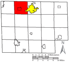 Location of Ridgefield Township (red) in Huron County, next to the city of Norwalk (yellow).