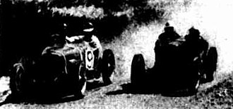 The No.9 Riley Imp of Merton Wreford passes the MG P Type of H. Reeve during the race Riley Imp of Merton Wreford and MG P Type of H. Reeve.jpg