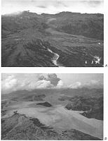 Фотографії річкової долини до і після заповнення лахарами з гори Пінатубо.
