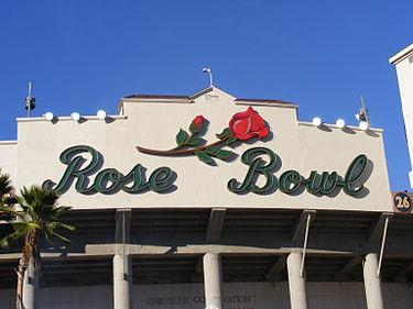 Main entrance to the Rose Bowl Stadium in 2008. For the 1932 Summer Olympics in Los Angeles, the venue hosted track cycling events. Fifty-two years later, the venue hosted the football final. Rosebowl.JPG