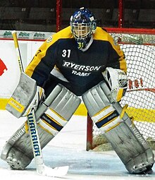 Troy Passingham holds the Ryerson Rams Mens Hockey Record for wins (49) and appearances (103). Ryerson Rams goalie.jpg