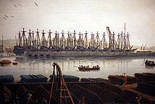 Detail of the view of Toulon in the Vues des ports de France (1754) by Claude Joseph Vernet, showing part of the French fleet stored in ordinary in the military harbour. Serie des ports de France mg 5250.jpg