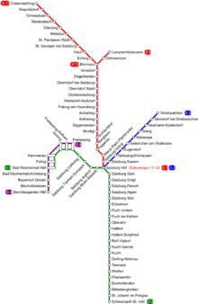 Plan sieci S-Bahn w Salzburgu.