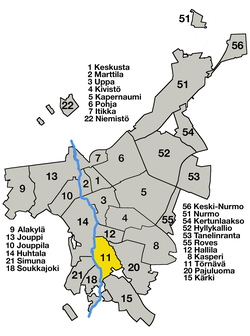 Törnävä (11) sijaitsee joen itärannalla noin neljä kilometriä Seinäjoen keskustasta (1) etelään.