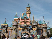 The "Happiest Homecoming on Earth" celebrated the 50th anniversary of the theme park. Sleeping Beauty Castle was altered for the occasion. SleepingBeautyCastle50th.JPG