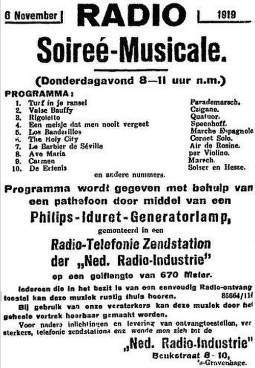 Advertisement placed on November 5, 1919, Nieuwe Rotterdamsche Courant announcing PCGG's debut broadcast scheduled for the next evening