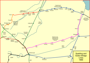 Spalding and Sutton Bridge railways in 1866 Spalding1866.png