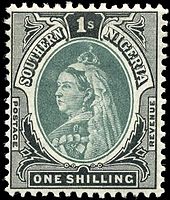 A 1 shilling stamp of the 1901 stamp series. Stamp Southern Nigeria 1901 1sh.jpg