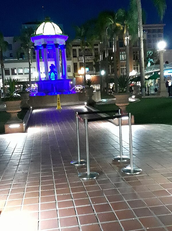 Stancheons around former site of Jefferson Davis Highway marker in Horton Plaza, San Diego on August 16, 2017