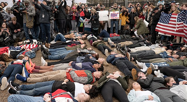 Never Again MSD has inspired students from across the country to protest the nation's gun laws. Photo: a student "lie-in" at the White House on Februa