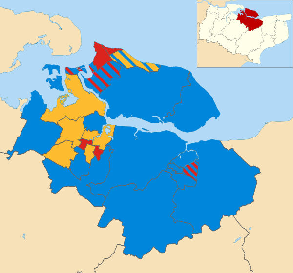 Map of the results of the 2002 Swale Borough Council election. Conservatives in blue, Liberal Democrats in yellow and Labour in red.