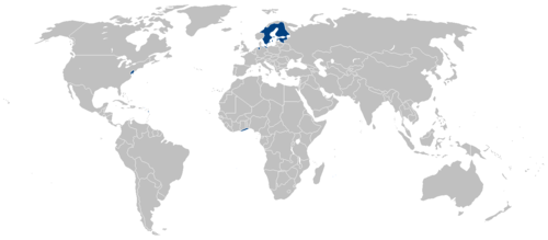 All territories ever possessed by the Swedish Empire shown on modern borders