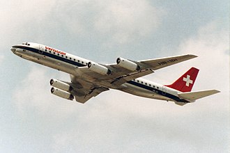 The extended-range 157 ft 5 in (47.98 m) long DC-8-62 followed suit in April 1967. Swissair McDonnell Douglas DC-8-62 HB-IDI "Solothurn" (26834758996).jpg