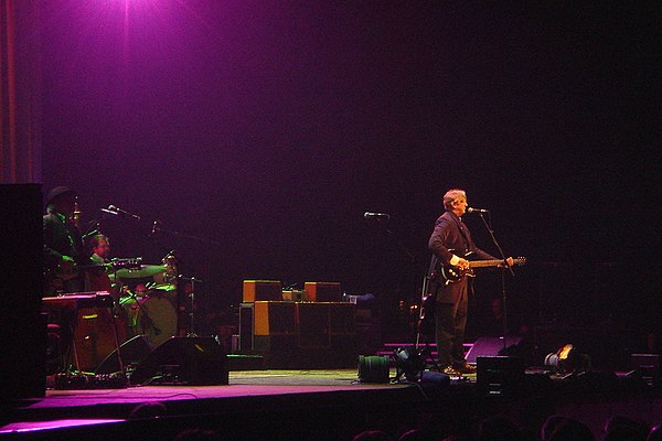 T Bone Burnett on stage at Birmingham's NIA, May 5, 2008, with Alison Krauss and Robert Plant
