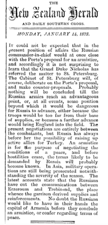 New Zealand Herald and Daily Southern Cross excerpt regarding the Russo-Turkish War (1877-1878), 14 January 1878 THE New Zealand Hearld AND DAILY SOUTHERN CROSS. TUESDAY, JANUARY 15, 1878.png