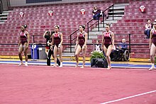 Students of Texas Woman's University practicing in their university gymnasium, 2011 TWU Gymnastics (Floor) Floor Warm Up (5694074973).jpg