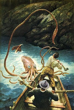 Though fictional accounts often depict giant squid attacking boats (cf. #29), live animals found at the surface are almost invariably sick or dying, and no injuries resulting from such encounters have ever been documented. The Adventure of the Giant Squid.jpg