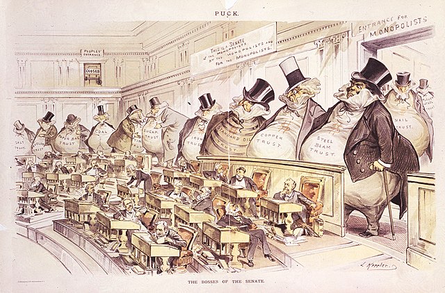 The Bosses of the Senate, a cartoon by Joseph Keppler depicting corporate interests—from steel, copper, oil, iron, sugar, tin, and coal to paper bags,