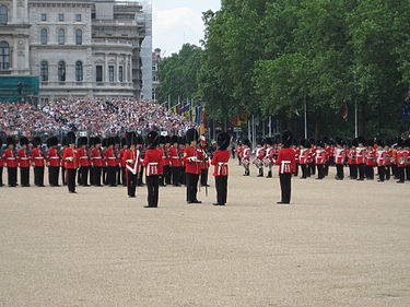 In the centre, holding his sword and the Colour, the Regimental Sgt-Major of No. 1 Guard. Behind him, wearing a white flag belt, the Ensign waits to receive the Colour, standing in front of No. 1 Guard. To the right, the Massed Bands. The Colour Hand Over.jpg