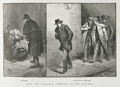 With the Vigilance Committee in the East-End. Homeless. A Suspicious Character (« Avec le Comité de vigilance dans l'East End. Sans-abri. Un individu louche »), The Illustrated London News, 13 octobre 1888.