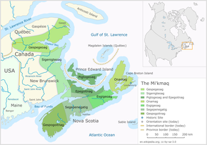 Settlement areas of the Mi'kmaq in Mikmaki, which emcompassed present-day Nova Scotia The Mi'kmaq.png