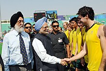 The Prime Minister, Dr. Manmohan Singh interacting with the Australian Hockey Team, at the XIX Commonwealth Games-2010 Delhi, at Major Dhyan Chand National Stadium, in New Delhi on October 14, 2010 The Prime Minister, Dr. Manmohan Singh interacting with the Australian Hockey Team, at the XIX Commonwealth Games-2010 Delhi, at Major Dhyan Chand National Stadium, in New Delhi on October 14, 2010.jpg