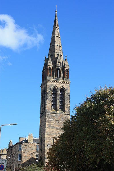 Steeple of St Peters Episcopal Church, Lutton Place, Edinburgh, Scotland, designed by William Slater and built in 1857