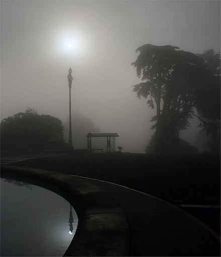 In this photograph, the Sun is visible above the top of the streetlight. In the reflection on the water, the Sun appears in line with the streetlight because the virtual image is formed from a different viewing position.