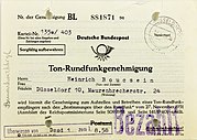 Licență de difuzare a sunetului din 1958 conform "Regulamentului privind radiodifuziunea", 1931 (față)