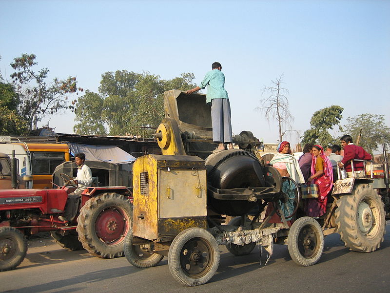 File:Tractors in India; cement mixer.jpg