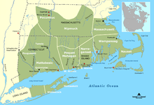 This map depicts the approximate distribution of Indian tribes throughout southern New England in about 1600; later English colonial settlements, including Deerfield and locations of significance in King Philip's War, are shown. Tribal Territories Southern New England.png