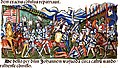 Hunyadi János harcol a törökökkel a Thuróczy-krónika egyik ábrázolásán árpádsávos zászló alatt
