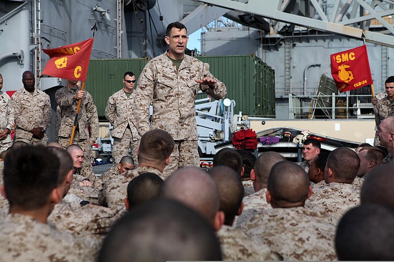 File:U.S. Marine Corps Col. Frank Donovan, center, commander of the 24th Marine Expeditionary Unit, speaks to Marines and Sailors on the unit's first deployment with the Iwo Jima Amphibious Ready Group on the 120401-M-RU378-415.jpg