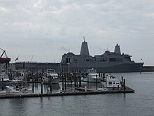 New York docked at the North Carolina State Port in Morehead City, North Carolina, 2014 USS New York (LPD-21) In Morehead City NC.JPG