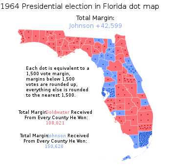 Dot map of results by county United States Presidential election in Florida 1964 dot map.svg