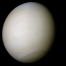 A real-colour image of Venus processed from two filters. The surface is obscured by a thick blanket of clouds