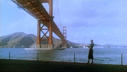 Kim Novak by the Golden Gate Bridge in Vertigo (1958)[g]