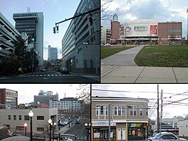 View of Bridgeport Center-People's Bank Building from Middle St.-Webster Bank Arena-Downtown view from stairs-Subway.jpg