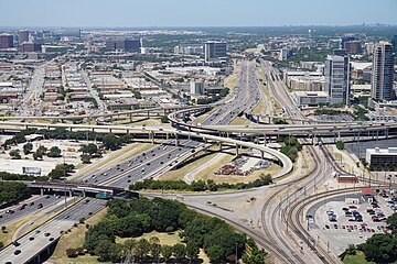 A view of the interchange between Interstate 35E and Texas State Highway Spur 366 from the GeO-Deck of Reunion Tower in Dallas, Texas