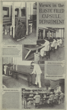 Men and women workers preparing drug capsules, Eli Lilly and Company, 1919 Views in Elastic Filled Capsule Department b1007511 008 tif bn999778q.tiff