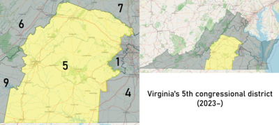 Virginia's 5th congressional district from January 3, 2023 Virginia's 5th congressional district (from 2023).png