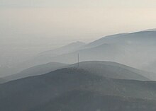 The Weinbiet seen from the north from the air. By coincidence, the tip of the transmission mast points to Hambach Castle, 6 km to the south.