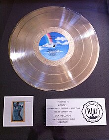 The Platinum record awarded to "Wendel", the drum machine used on Gaucho, which was invented by recording engineer Roger Nichols. Wendel Platinum Gaucho.jpg