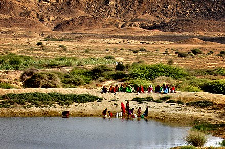Sindhi women collecting water from a reservoir on the way to Mubarak Village