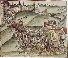 The Battle of St. Jakob an der Sihl (1443) during the Old Zurich War. Zuerichkrieg 1444.jpg